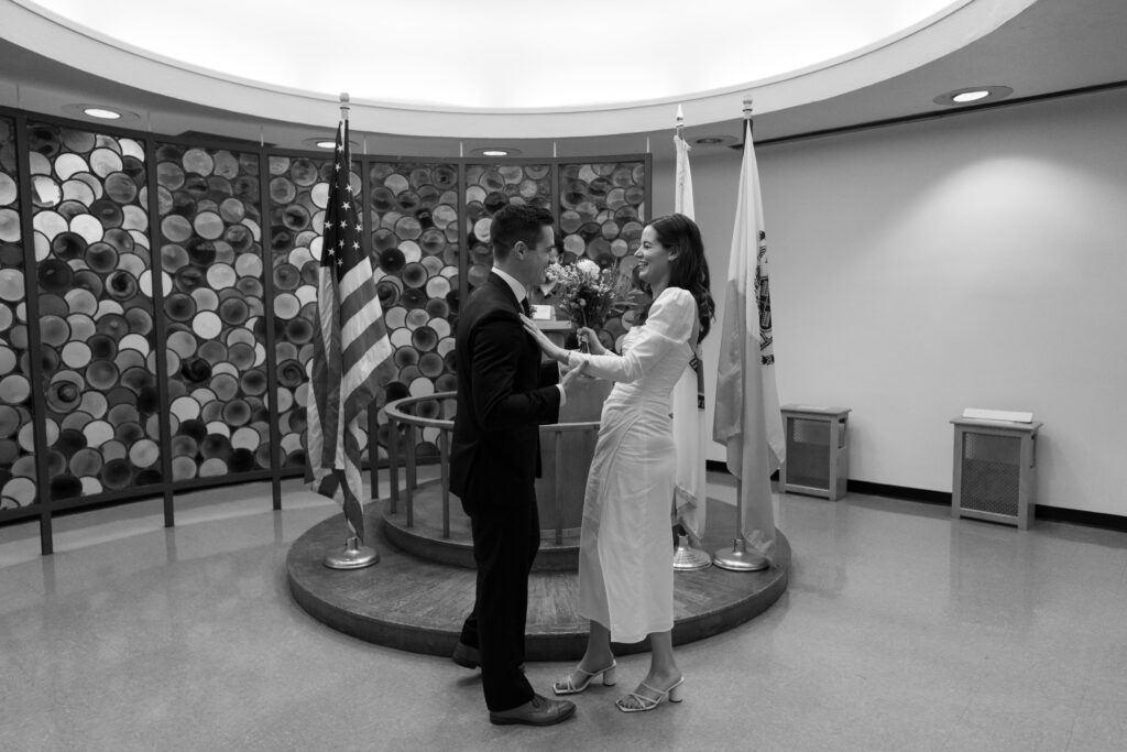 A couple's enjoy a moment during their elopement at the Brooklyn Courthouse.
