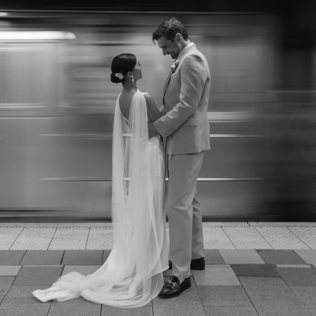 Wedding portraits, riding the subway on the way to the courthouse to elope.