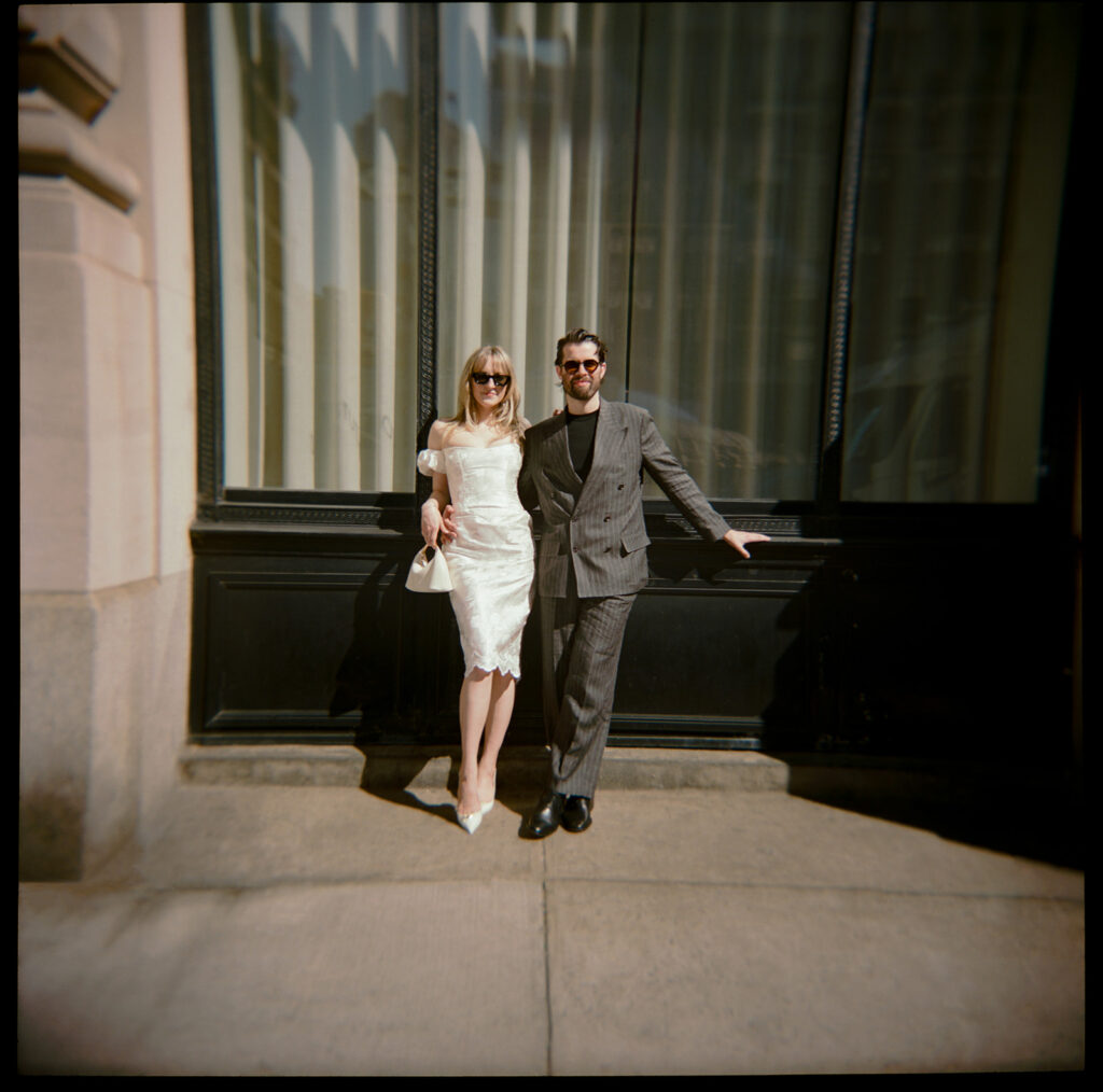 The bride wears a vintage, upcycled wedding dress from 1985 to her Manhattan Courthouse elopement.