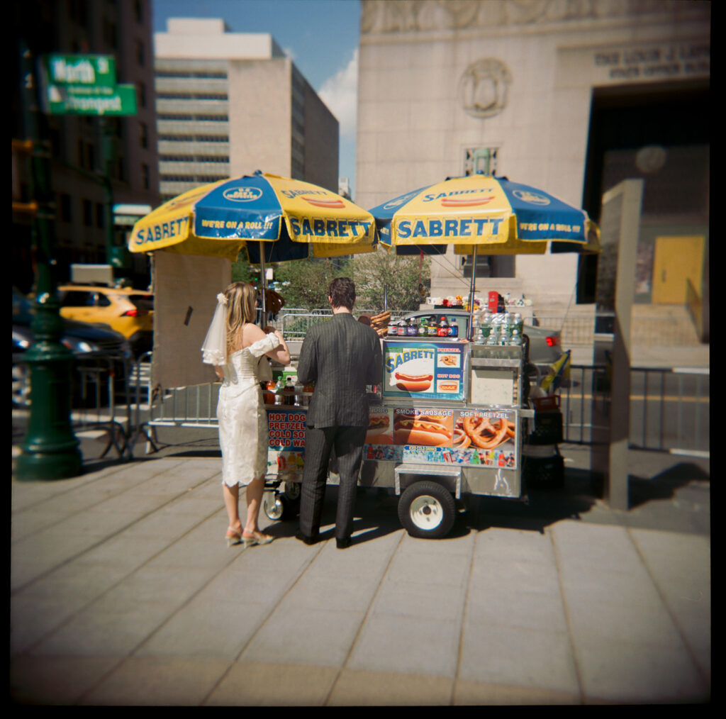 Stopping for a New York hotdog just across the street from the NYC courthouse.