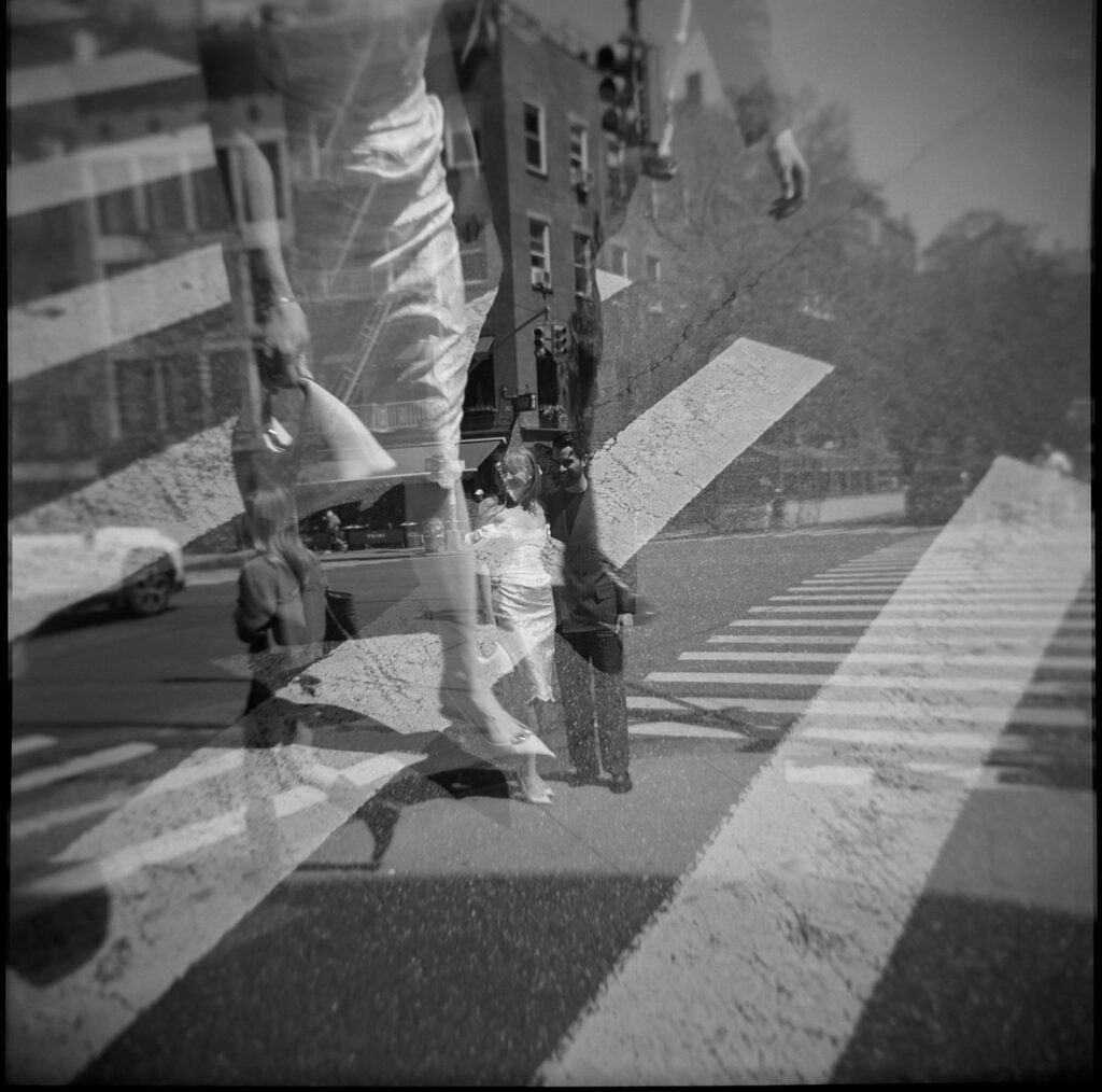 Taking a stroll through Manhattan together, enjoying little moments on elopement day.