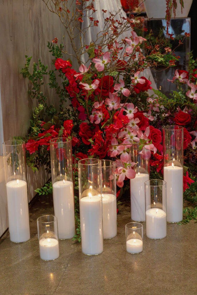 Sangeet candle decorations during an Indian American wedding weekend.