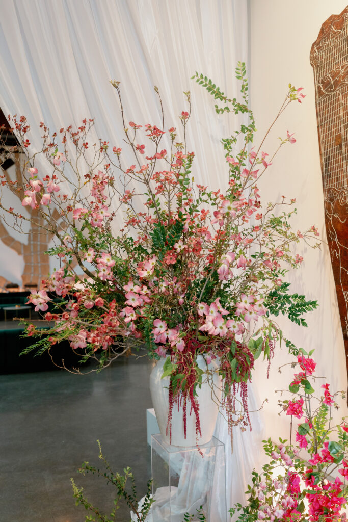 Sangeet floral decorations during an Indian American wedding weekend.