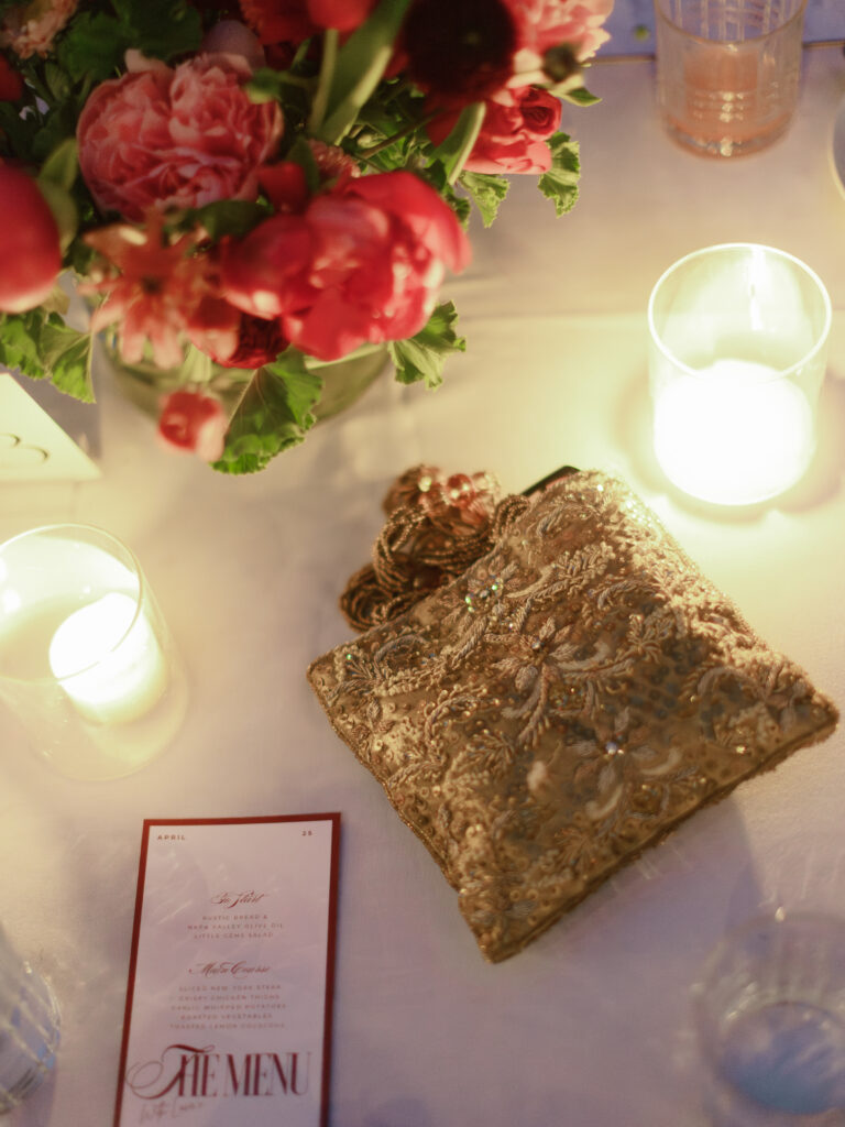 Wedding reception table decor for Kismet and Paul's rehearsal dinner.