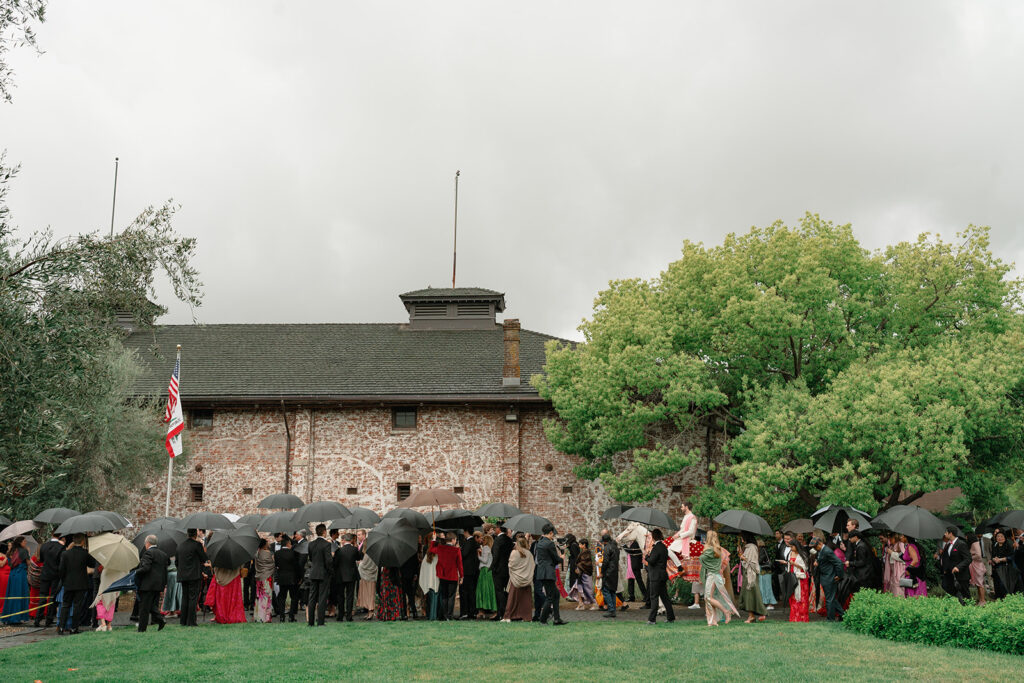 Paul rode a decorated horse, or ghodi, as part of the Baraat procession to the wedding ceremony at the Estate at Yountville.
